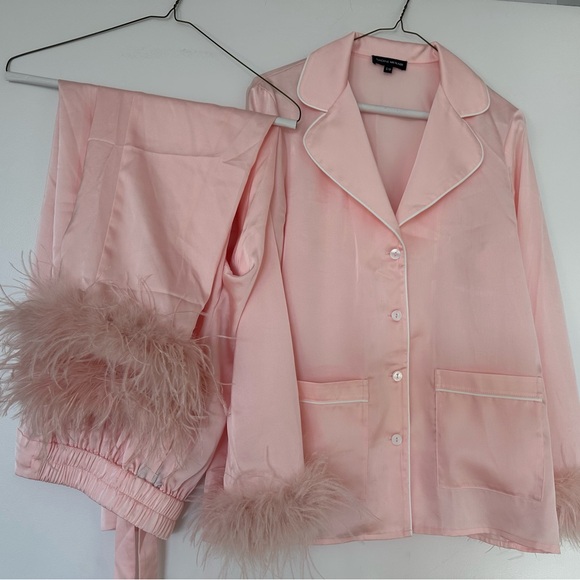 NADINE MERABI Blush Satin Feather-Trim Pajama Set - Picture 3 of 4